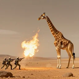 an army firing at a giant giraffe on Mars