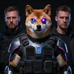 tactical military neon exoskeleton armor, realistic anthropomorphic shiba inu anonymous mask, neon eyesight, science fiction, dark, portrait by donato giancola and greg rutkowski and wayne barlow, realistic face