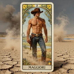a dramatic, epic, ethereal ( tarot ) painting of a handsome! brown shirtless cowboy | background is a dust cloud and dry river bed drought and cracked mud | tarot card, art deco, art nouveau | by mark maggiori | trending on artstation