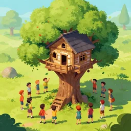 The battle for the treehouse, kids trying to take a treehouse from another group of kids, artwork by Craig Mullins,Movie poster, detailed, trending on artstation, isometric