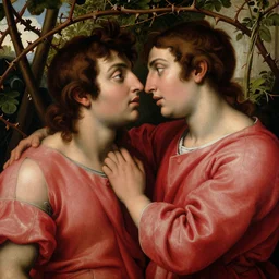 renaissance painting of two male  lovers in the garden dressed in red loincloths, closeup, interest face, emotions closeup, the beautiful garden with thorn branches everywhere, ultra detailed, art by Guido Reni style, Vincenzo Catena style
