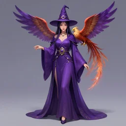 Young beautiful woman in purple witch robes with a phoenix on her shoulder, full body shot, digital art