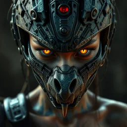 sexy beautiful woman with yellow snake eyes, dragon skin, head made of mech mask rendered in unreal engine, movie shot from the witcher, cyberpunk universum, dark scifi, painted by carne griffiths and beksinski