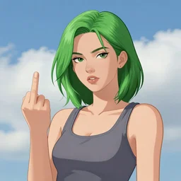 portrait of a cool girl with green hair, a 7 8 4 3 hairstyle, wearing a tanktop, giving the finger, blue cloudy sky, highly detailed, stylized, medium shot, portrait, concept art, vector line art, natural lighting, illustration, highly detailed, artstation