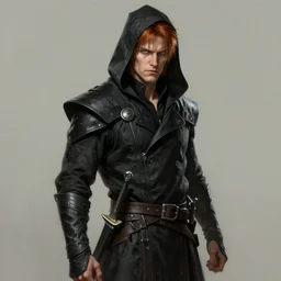 male rogue, gray - green eyes, black assassins clothes, fair auburn hair, blade on his waist, no teeth | | realistic shaded, fine details, realistic shaded lighting painting by greg rutkowski, diego gisbert llorens, magali villeneuve, artgerm, jeremy lipkin, michael garmash, rob rey