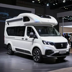 motorshow photo of a futuristic camping van with aerodynamic fins and a generative design structure, box - shaped dark glass and plastic, low rider, peugeot prestige, highly detailed, dragonfly shape, shiny white ceramic tiles, cut roof camper van, iridescent skin