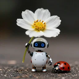 a cute tiny robot is holding a big flower up above its head, a ladybug is beside the robot, award winning macro photography, kodak ektar, dramatic lighting