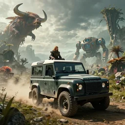Land Rover Defender 110 (1985), The Elder Scrolls III: Morrowind, dwemer Akulakhan robot in the distance, an epic fantasy, dramatic lighting, cinematic, establishing shot, extremely high detail, photorealistic, cinematic lighting, artstation, by simon stalenhag, the Nerevarine drives across Morrowind, strange flora, strange fauna, Bull Netch floating around, Morrowind fauna prominent across the landscape