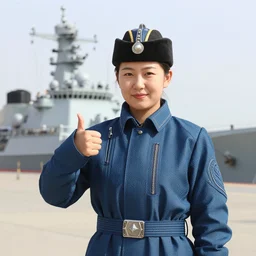 Young female Mongolian Navy Captain, wearing a reefer jacket and peaked cap, giving a thumbs up, posing with a warship in the background