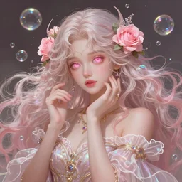 portrait of stunning Goddess of magic, dreamy and ethereal, expressive pose, big pink eyes, peaceful expression, ornate frilly dress, fantasy, intricate, elegant, many rainbow bubbles, rose tones, highly detailed, digital painting, artstation, concept art, smooth, sharp focus, illustration, art by artgerm and greg rutkowski and alphonse mucha