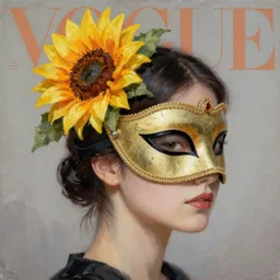 masquerade ball mask, sunflower tiara, korean audrey hepburn, vogue magazine, greg rutkowski, john singer sargent, trending on artstation, anime, oil painting, side profile portrait, looking right, intricate