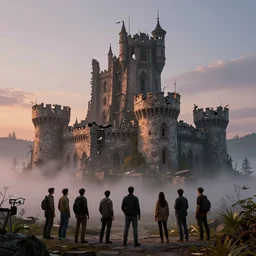 a highly detailed photo of a post - future damaged castle surrounded by a mist shot at twilight on 3 0 mm film 4, 4 k rtx hdr volume light concept studio matte painting environement digital illustration style art that looks like it is from borderlands and by feng zhu and loish and laurie greasley, victo ngai, andreas rocha, john harris by jesper ejsing