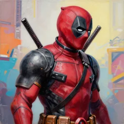 greg manchess portrait painting of armored deadpool as overwatch character, totally whack, medium shot, asymmetrical, profile picture, organic painting, sunny day, matte painting, bold shapes, hard edges, street art, trending on artstation, by huang guangjian and gil elvgren and sachin teng