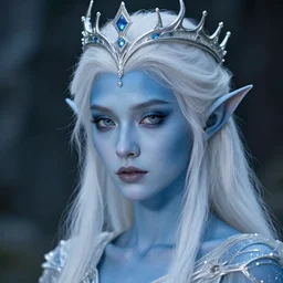 the frightening archfey called'the prince of frost ', fantasy, white hair, blue skin, wild eyebrows, young adult, elf, crown, hard edges, soft lighting, professional lighting, trending on artstation