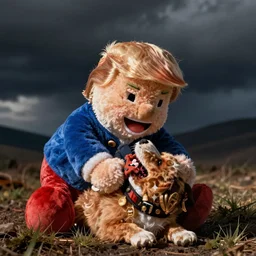a plush Donald Trump being chewed by a dog
