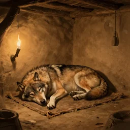 medieum shot of a warg!!! dire wolf sleeping on a mat in a corner of a adobe house, torchlit, concept art by marc simonetti and christophe vacher, trending on artstation