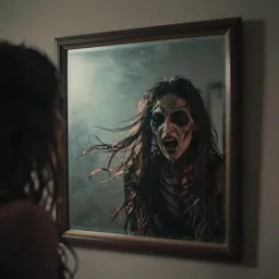 a mirror but inside the reflection there is a creepy figure, dynamic lighting, photorealistic, ambient lighting, atmospherical, stunning visuals, trending on art station