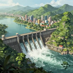 hydroelectric dam jungle city, artstationhq, matte painting, detailed illustration, concept art