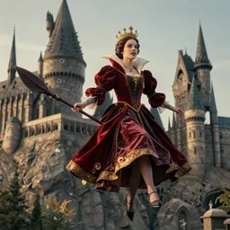 The Queen flying on a magic broom over Hogwarts, filmic, hyperrealism, 8K