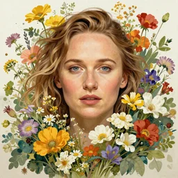a hghly detailed head and shoulders portrait of alicia vikander surrounded by an explosion of wild flowers, by joshua middleton, by alphonse mucha, by edgar maxence, by gustav klimt, by gregory manchess, by wes anderson, by edward hopper, by wayne barlowe, by james gilleard, intricat, detailed, single head