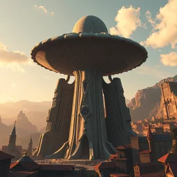 enormous brutalist tower dedicated to eldritch mushroom god, a monumental tower inspired by amanita muscaria with a mushroom hat made of concrete, standing against sunlit mountains and a huge old city, 8 k, artstationhq, rtx on, cinematic, octane render, peter mohrbacher, hajime sorayama, wayne barlowe, boris vallejo, aaron horkey, gaston bussiere, craig mullins