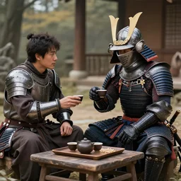 an English knight and a Japanese samurai having tea at a pick nick, hyper realistic, dungeons and dragons