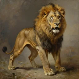 muscular lion as barbarian hunter  full body human legs , battle stance, very textured detailed oil painting by rembrandt