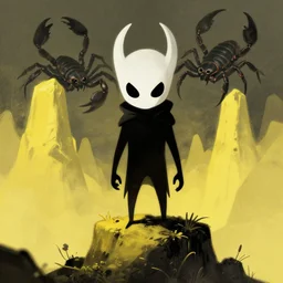 horror art, hollow knight, yellow peaks with scorpion in the background, art by greg rutkowski
