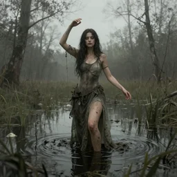 a holy woman in a strange pose in a swamp digital art