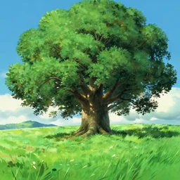 giant ash tree on grass landfield, anime matte painting by pixar ghibli studio miyazaki ghibli