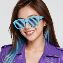 closeup painting of a very beautiful young mexican cyberpunk woman that's smirking wearing light blue louvered shades, one side haircut, long brown hair with light blue ends, purple leather jacket, portrait, hyperdetailed, artstation, cgsociety, 8 k, synthwave image