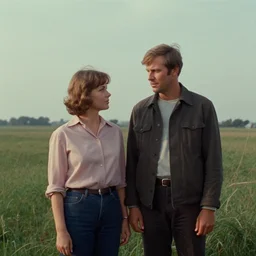 a man and a woman standing in a field, scene from a 1 9 7 3 film, anamorphic lens, analog film, classic cinema, filmgrain, chromatic aberration