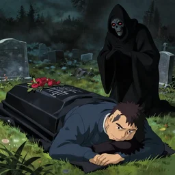 a 50 year old brunnete chinese man leaning on the ground at a funeral in a cemetery next to the grim reaper, horror scene, dramatic, anime art, Greg Rutkowski, studio ghibli, dramatic lighting