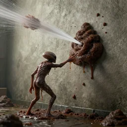a slimy alien made of poop spraying urine onto the wall. photograph from sci - fi movie. octane render. unreal engine.