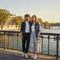 young couple standing on a bridge over the seine in paris, claude monet, golden hour, detailed,