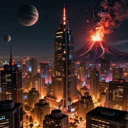 large cyberpunk city on fire with volcano erupting in the background and several planets in the sky, sharp focus, highly detailed, night