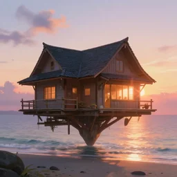 magical floating beach house at sunset, highly detailed, lens flare, bloom, fantasy, digital painting, concept art, matte, art by ruan jia and wlop and greg rutkowski and makoto shinkai, masterpiece