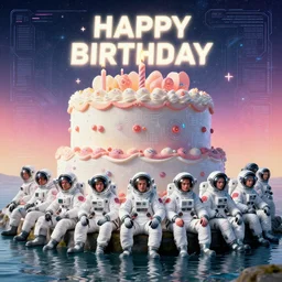 twelve cosmonauts sitting by the river with + promt happy birthday at the top + big holiday cake + retrofuturistic poster cybernetic pattern nano enhancements, gradient space graphics in background, close up, quint buchholz, wlop, dan mumford, artgerm, liam brazier, peter mohrbacher, raw, featured on artstation, octane render, cinematic, elegant, intricate, 8 k