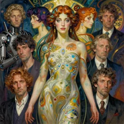 realistic detailed portrait of adult cyberpunk! goddess of Psychedelics by Alphonse Mucha, Ayami Kojima, Amano, Charlie Bowater, Karol Bak, Greg Hildebrandt, Jean Delville, and Mark Brooks, Art Nouveau, cyberpunk!, mechanical accents!, rich deep moody colors