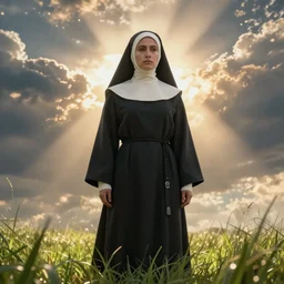 futuristic nun woman portrait, cinematic view, epic sky, detailed, concept art, low angle, high detail, warm lighting, volumetric, godrays, vivid, beautiful, trending on artstation, by jordan grimmer, huge scene, grass, art greg rutkowski