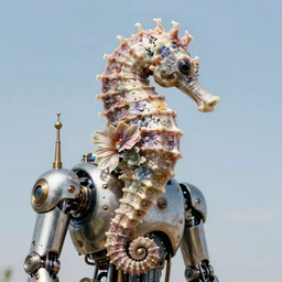 portrait of a seahorse, robot steampunk, cyborgnetic, floral! intricate, elegant, highly detailed, ray tracing, digital painting, artstation, concept art, clear sky, extremely detailed, fantasy, smooth, sharp focus, illustration, art by artgerm and greg rutkowski and alphonse mucha, 8 k