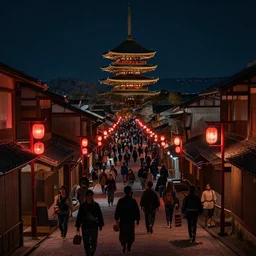 Medieval Kyoto street at night landscape, crowded streets, red streetlamps everywhere, 8K, trending on artstation, golden ratio, rule of thirds, low key, extremely high detail, concept art