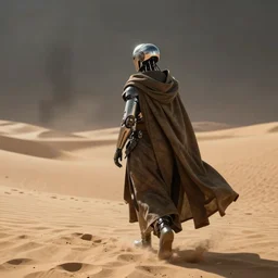 a cyborg dressed in a large cloak walking through a dangerous desert made by moebius, jean giraud & kilian eng moebius style