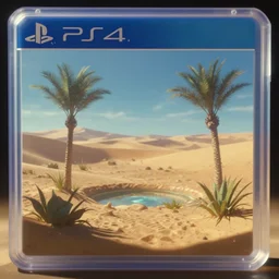 desert oasis in a translucent casing electronic environment, ps 4 screenshot, still from a kiyoshi kurosawa movie, sanriocore, full sun lighting, caustic lighting