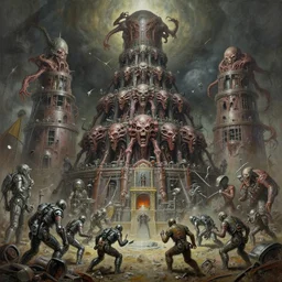 oil paint of 1 1 machines as dire horror of flayed gods in tiers, colossal medical gangrene machines in tiers, dethroning / we machines / melee, shredding chrome battle pit, by shigeru komatsuzaki, wayne d barlowe, stefano tamburini, ember light, muted colors, epic, hyper detailed, awe inspiring, award winning horror, narrative lighting,