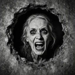 portrait of a creepy old lady screaming creeping out of a hole, anatomy, morbid, macabre, dark lighting, highly detailed, decay teeth, black and white gainy film, vignette, matte painting by maxim verehin