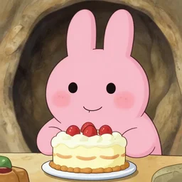 big pink bunny, bakes a cake in a cave, manga, full shot closeup portrait edition,
