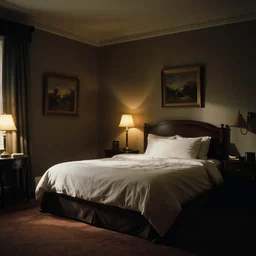 rising out of bed, dark cinematic light, furnished retro style master hotel suite, by john everett millais