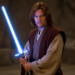 Charles Dance as Obi-Wan Kenobi holding a lightsaber in the film Star Wars