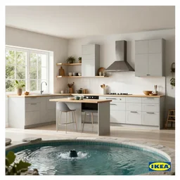 IKEA catalogue photo, high end farm house style kitchen, a pond in the middle, concrete, sand piled in corners, dust, organic, vines, wooden, overgrown, water feature, by Beksiński